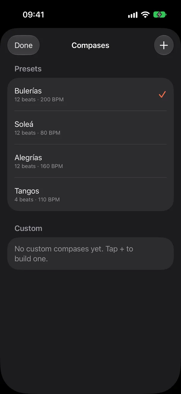 Los compases de Con Compás: bajo Presets, Bulerías, Soleá, Alegrías y Tangos, cada uno con sus tiempos y su tempo, y + para un compás nuevo.